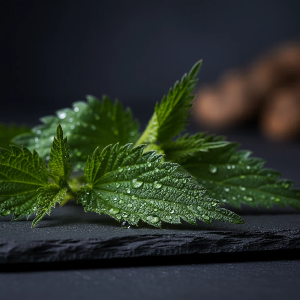 Verse brandnetelbladeren met waterdruppels - botanisch ingrediënt Alpha Drive