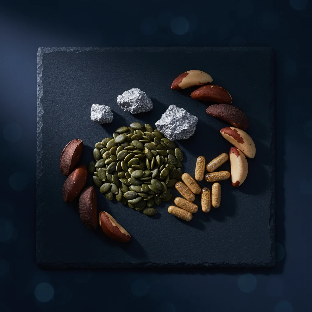 Plat lay van supplementingrediënten: pompoenzaad, zink, selenium en capsules
