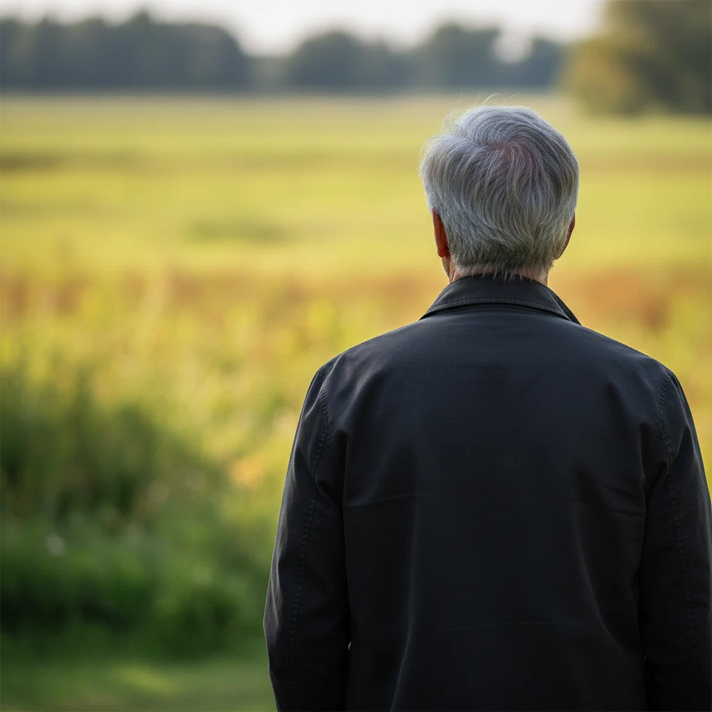 Anonieme actieve man van achteren in een park, kijkend naar de horizon - dagelijkse routine voor mannelijke vitaliteit